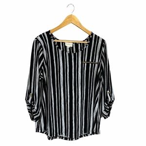 THE WORKSHOP | Womens Black and White Striped Blouse Button Up Sleeves​​